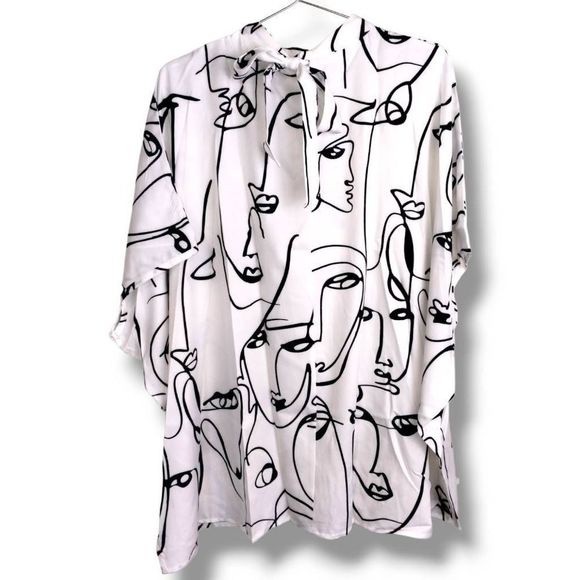 Artistic Ivory Blouse Black Line Portrait Silky Draping Sleeveless Neck Tie - Picture 2 of 14